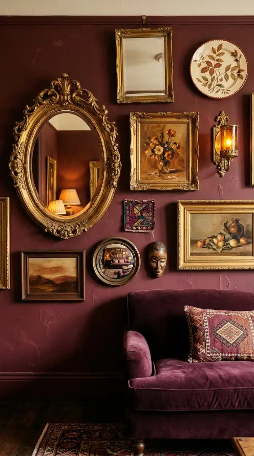 17 Bohemian Mirror Gallery Wall Living Room Vintage Eclectic 4 4. Vintage Gilt Mirror Wall With Layered Paintings and Objects