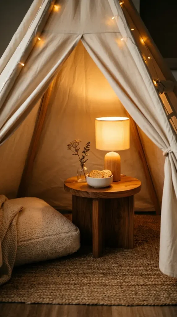 10 Kids Room Corner Decor Inspiration Cozy Reading Teepee 5 5. Add a Small Timber Side Table Inside the Teepee for a Lamp and Snack