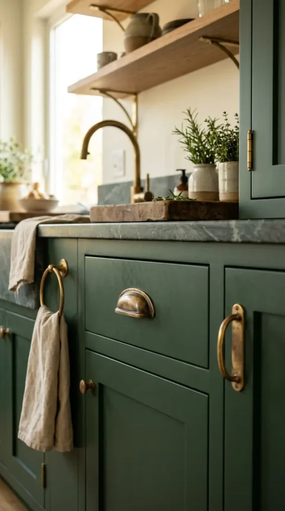 18 Modern Boho Kitchen Ideas Forest Green Soapstone Brass 5 5. Aged Brass Unlacquered Cabinet Hardware as Design System