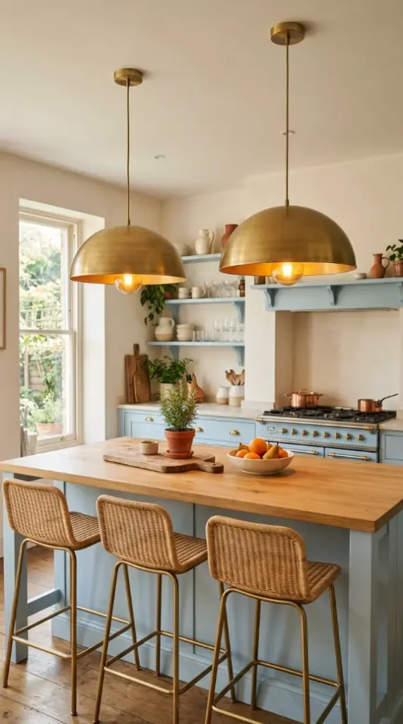 12 Bohemian Kitchen Pale Blue Vintage Range Brushed Gold 5 5. Brushed Gold Pendant Lights Above Pale Blue Kitchen Island