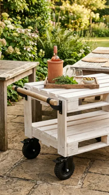 18 Pallet Table DIY Whitewashed Outdoor Patio Wheels 5 5. Create a Whitewashed Pallet Serving Cart With a Handle for Easy Rolling
