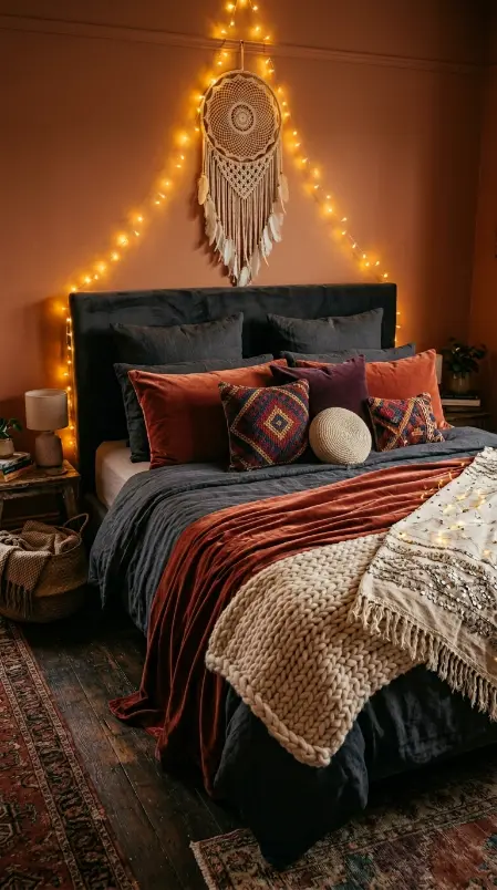 18 Bohemian Bed Dark Charcoal Fairy Light Dreamcatcher 5 5. Dark Charcoal Bed With Layered Earthy Textile Abundance
