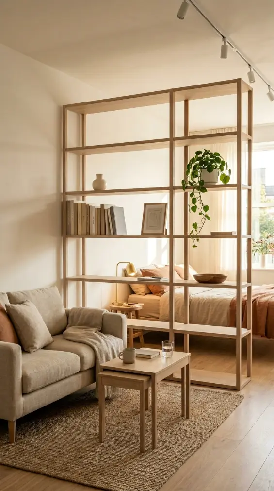 20 Minimalist Living Room Small Spaces Multifunctional 5 5. Floor-to-Ceiling Shelving as Room Divider and Storage