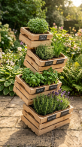 17 Herb Planter Ideas DIY Tiered Wooden Crate Stand 5 5. Four-Tier Asymmetric Crate Tower