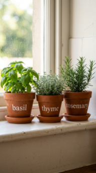 18 Herb Garden Ideas Indoor Kitchen Window Terracotta 5 5. Label Terracotta Pots With Hand-Painted White Lettering