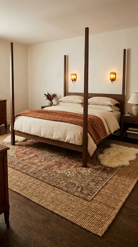 22 Cozy Warm Bedroom Aesthetic Vintage Brass Layered Rugs 5 5. Layered Rugs Under a Four-Poster Bed