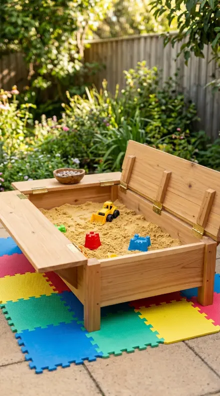 22 DIY Kids Playground Sandbox and Water Table for Small Yards 5 5. Lidded Sandbox With Bench Seat Lid