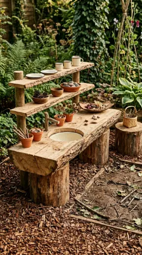 22 DIY Outside Play Area for Kids Natural Log and Stump 5 5. Log Mud Kitchen and Nature Kitchen