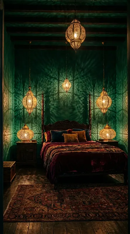 12 Bedroom Decor Colorful Jewel Tone Emerald Gold Moody 5 5. Moroccan Brass Lanterns as Moody Bedroom Lighting Architecture