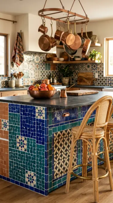 12 Bohemian Kitchen Ideas Global Patchwork Tile Copper Pots 5 5. Moroccan-Style Kitchen Island With Patchwork Tile Face