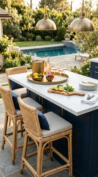 20 Modern Summer Kitchen Decor Ideas Navy Brass Island 5 5. Navy and Brass Island With Rattan Barstools and Summer Linen Styling