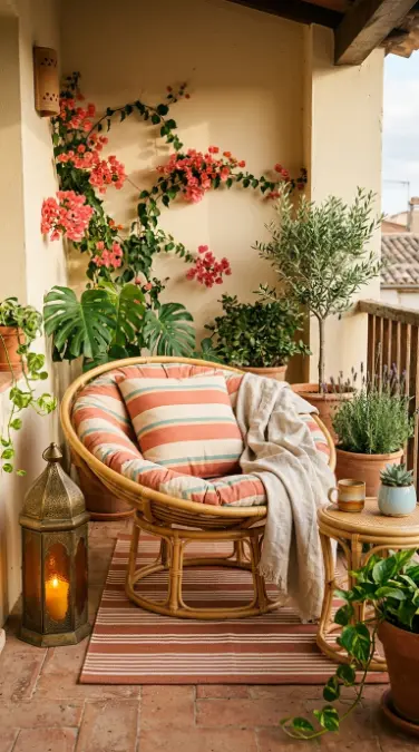 15 Bohemian Chair Ideas With a Cozy Rattan Papasan Look 5 5. Outdoor Rattan Papasan on Boho Terrace or Balcony