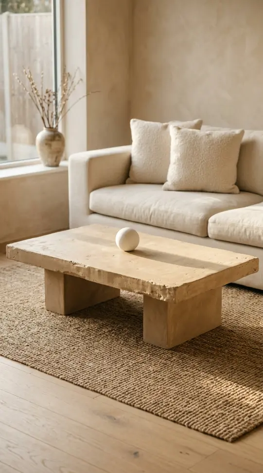 22 Minimalist Living Room Decor Ideas Sculptural Plaster 5 5. Plaster Coffee Table — Sculptural Furniture as Decor