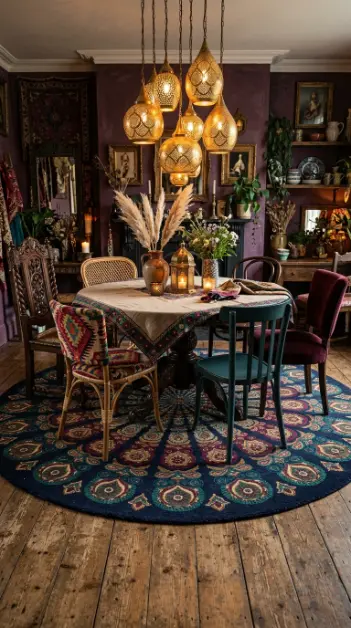 14 Bohemian Rugs Round Mandala Maximalist Colorful Room 5 5. Round Mandala Rug in Bohemian Dining Room