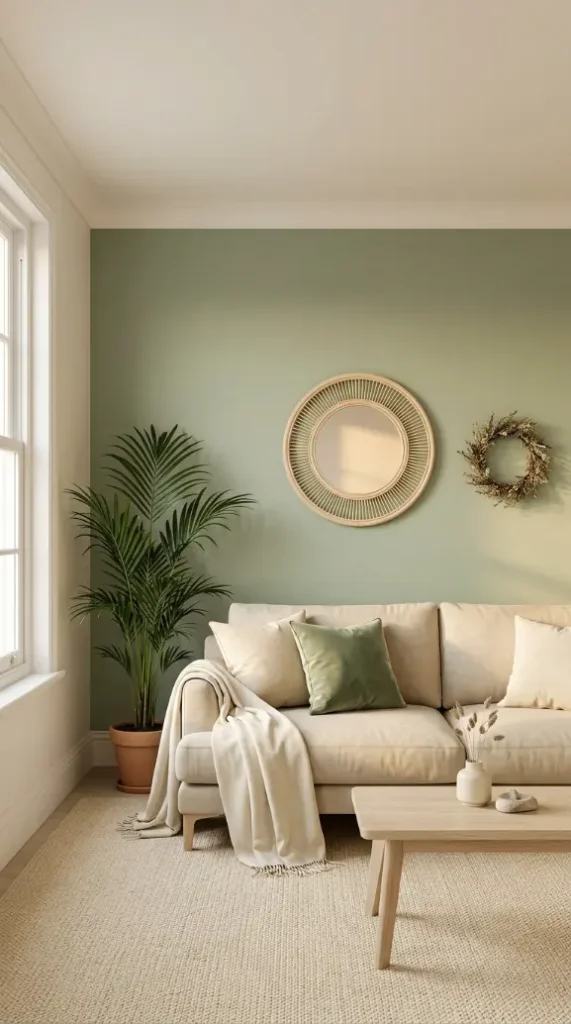 14 Living Room Decor Color Schemes Sage Green Warm White 5 5. Sage Green Painted Feature Wall With Warm White Remaining Walls