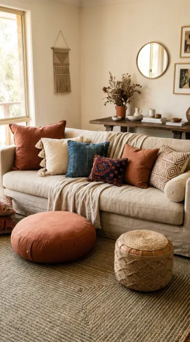 14 Bohemian Rugs Natural Jute Seagrass Earthy Living Room 5 5. Seagrass Rug With Layered Textile and Cushion Abundance