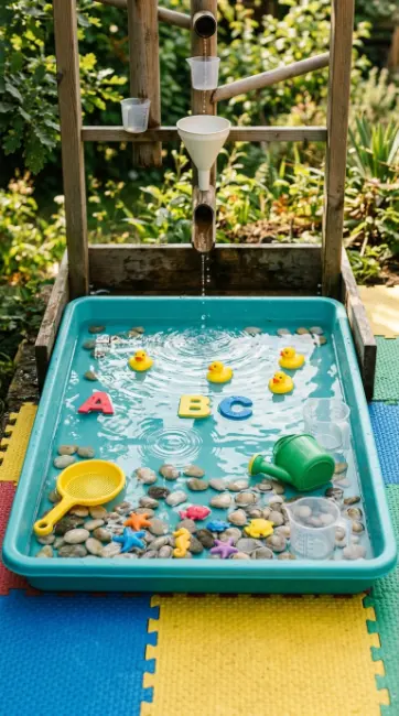 22 DIY Outside Play Area for Kids Water Wall Splash Zone 5 5. Sensory Splash Tray Base Station