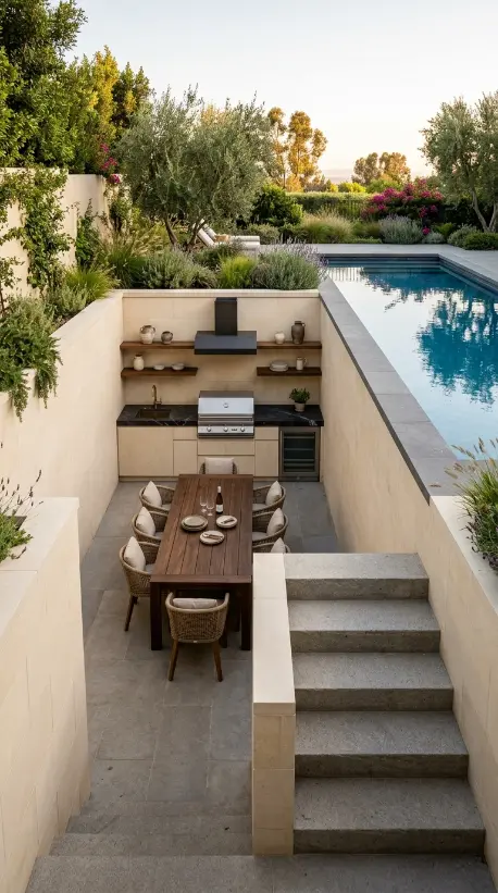 24 Outdoor Kitchen Ideas Luxury Resort Style With Pool 5 5. Sunken Outdoor Kitchen Terrace With Pool View