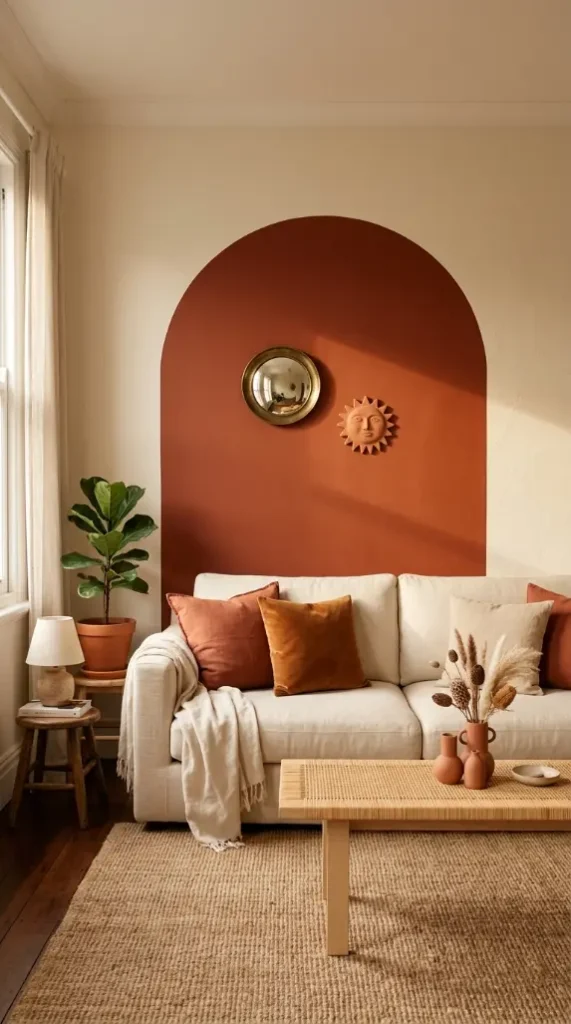 16 Living Room Decor Color Schemes Warm Terracotta Cream 5 5. Terracotta Arch Painted Feature Behind Cream Sofa
