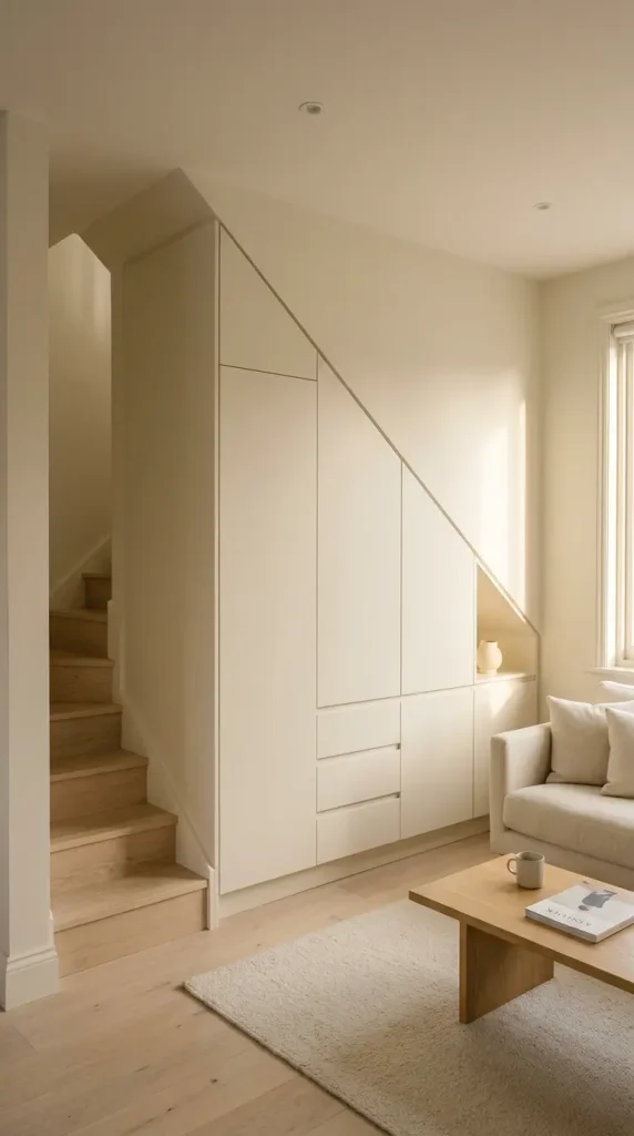 13 Minimalist Living Room Small Spaces Built-In Storage 5 5. Under-Stair Built-In Storage in Open-Plan Small Living Room