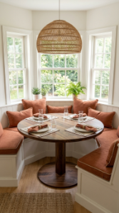 20 DIY Breakfast Nook Bay Window Wraparound Banquette 5 5. Use a Curved Round Table for a Bay Window Nook