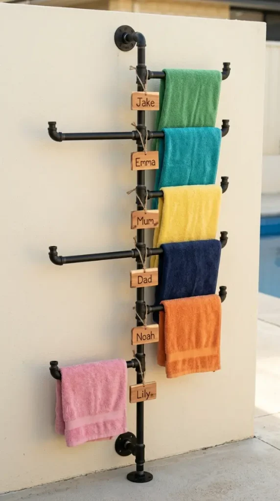 20 Pool Towel Rack Ideas DIY Industrial Pipe Name Tags 5 5. Vertical Pipe Rack — Each Name Station Stacked