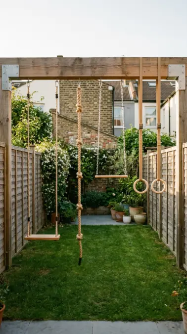 20 DIY Jungle Gym Small Space Compact Tiny Backyard 5 5. Wall-Mounted Cedar Monkey Bars