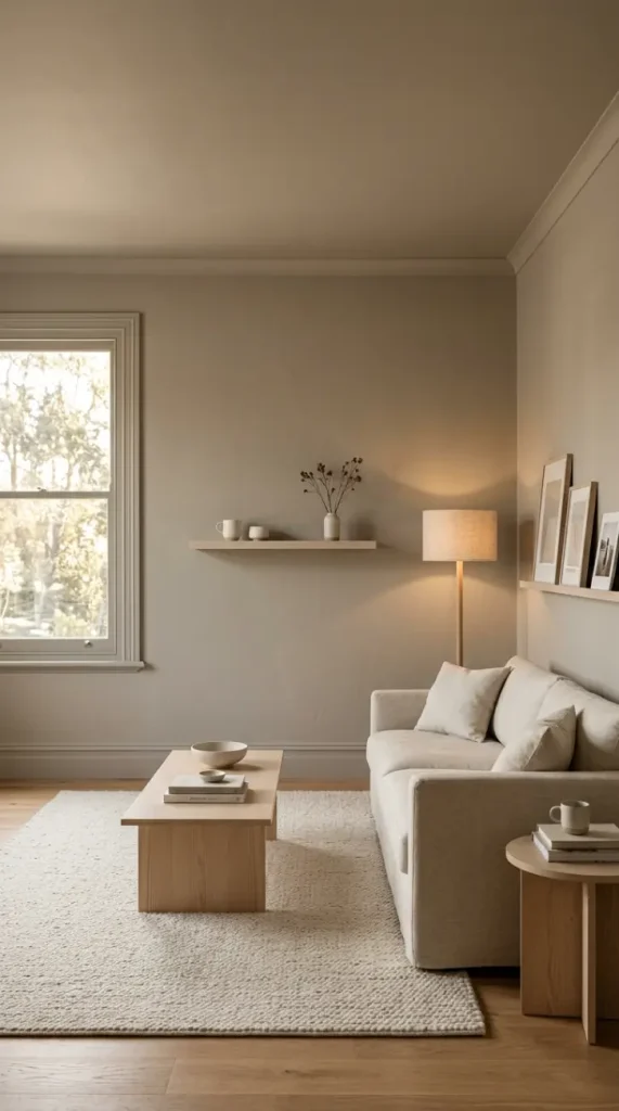 15 Cozy Minimalist Living Room Warm Greige Color Drenched 5 5. Warm Greige Color Drench With Warm Timber Accents