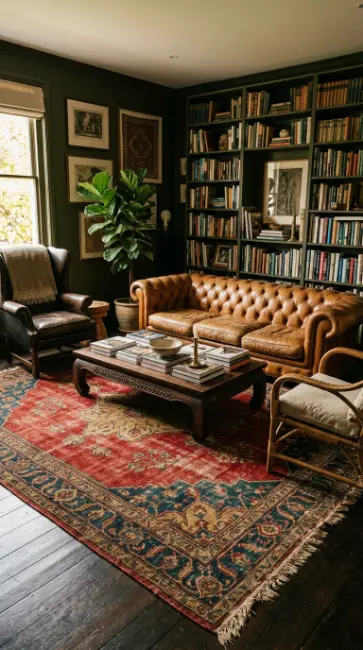 16 Bohemian Living Room Dark Olive Book Wall Chesterfield 5 5. Worn Vintage Persian Rug Anchoring the Chesterfield Zone