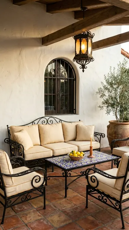 18 Outdoor Living Space Design Spanish Revival Arched Tile 5 5. Wrought Iron Outdoor Furniture as Spanish Revival Signature