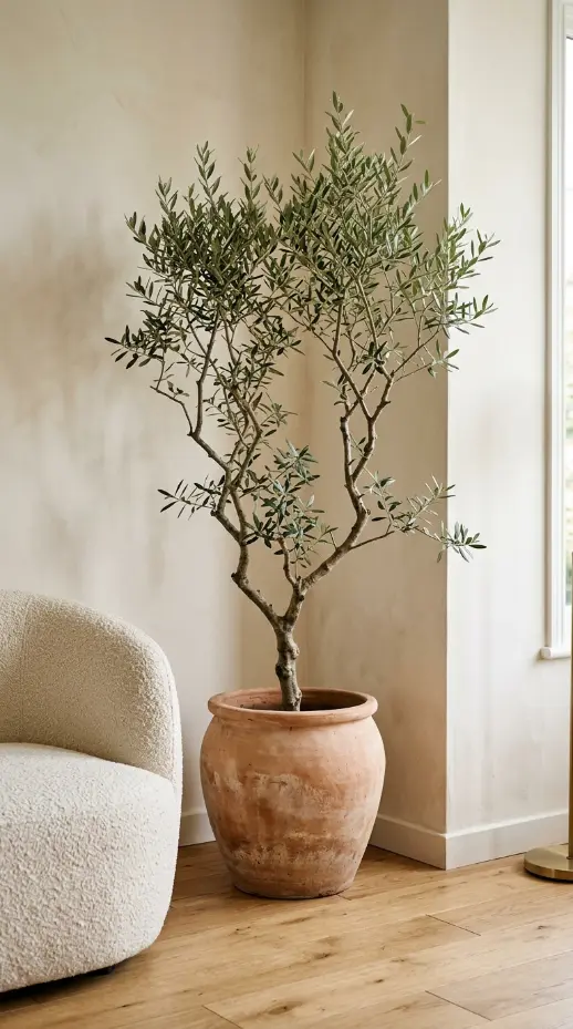 18 Minimalist Living Room Decor Ideas Warm Texture Curved 6 6. Bring in One Tall Olive Tree in a Handmade Terracotta Pot