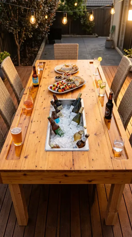 18 Pallet Table Outdoor Built-In Ice Cooler Party Table 6 6. Build a Pallet Cooler Table With a Drink Rail Along Each Long Side