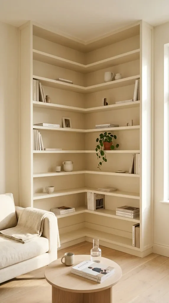 13 Minimalist Living Room Small Spaces Built-In Storage 6 6. Built-In Corner Shelving Turning a Dead Corner Into Storage