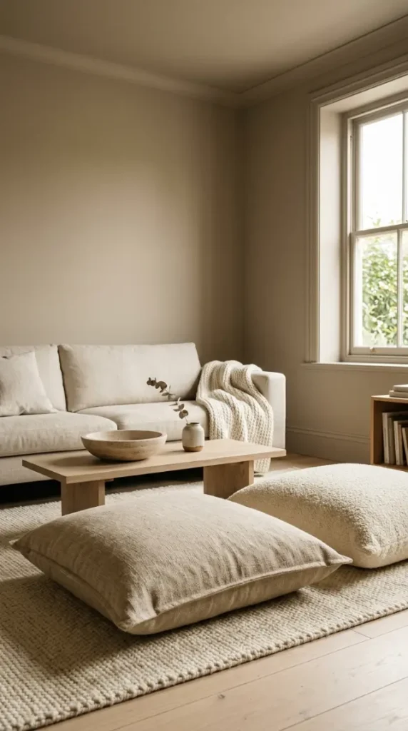 15 Cozy Minimalist Living Room Warm Greige Color Drenched 6 6. Cozy Minimalist Greige Room With Oversized Floor Cushions