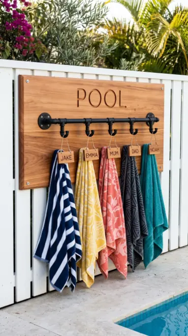 20 Pool Towel Rack Ideas DIY Industrial Pipe Name Tags 6 6. DIY Pipe Rack on Cedar Backer Board — Framed Installation
