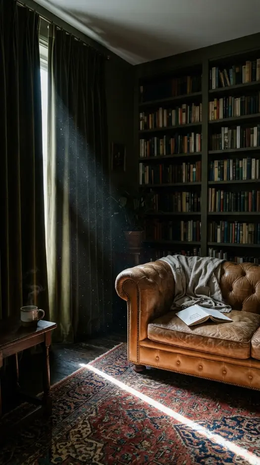 16 Bohemian Living Room Dark Olive Book Wall Chesterfield 6 6. Dark Olive Living Room Morning Light Through Heavy Curtains