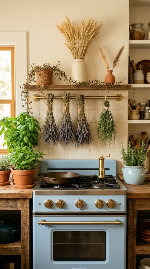 12 Bohemian Kitchen Pale Blue Vintage Range Brushed Gold 6 6. Dried Botanical and Herb Display Above Pale Blue Range