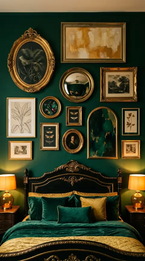 12 Bedroom Decor Colorful Jewel Tone Emerald Gold Moody 6 6. Emerald and Gold Gallery Wall Above the Bed