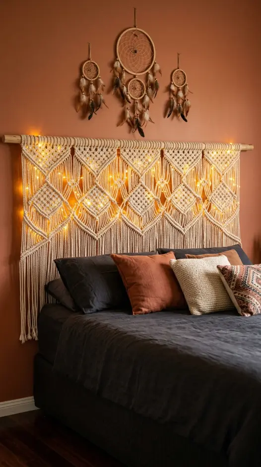 18 Bohemian Bed Dark Charcoal Fairy Light Dreamcatcher 6 6. Fairy Lights Woven Into Macramé Headboard