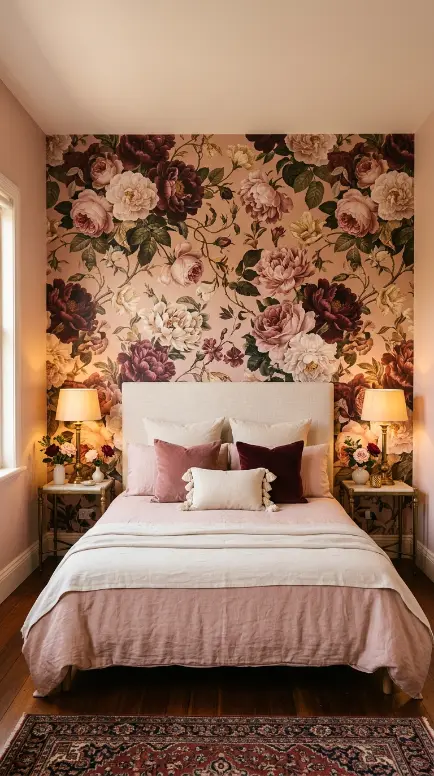 15 Bedroom Decor Colorful Blush Burgundy Romantic Style 6 6. Floral Wallpaper Accent Wall in Blush and Burgundy