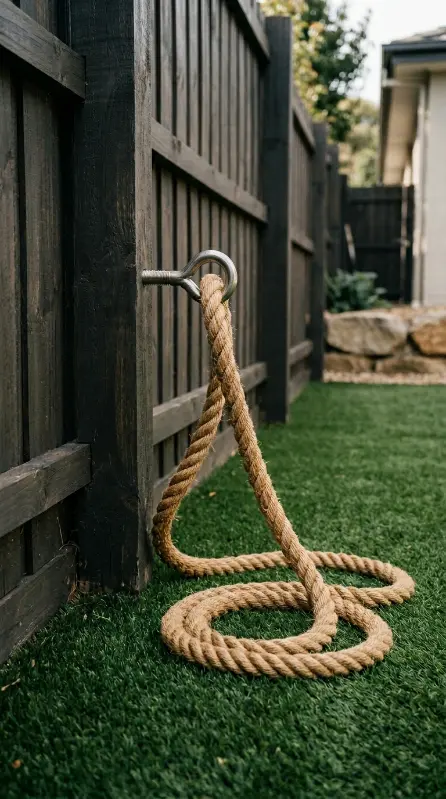14 Budget-Friendly Home Gym Designs Outdoor Backyard Turf 6 6. Hang Battle Ropes From a Timber Post Anchor