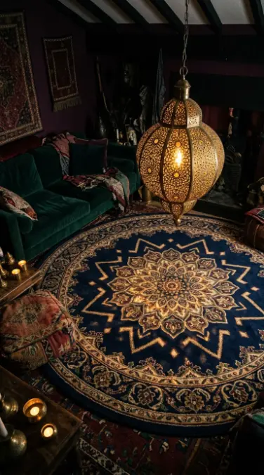 14 Bohemian Rugs Round Mandala Maximalist Colorful Room 6 6. Jewel-Toned Mandala Rug With Moroccan Lantern Overhead Light Pattern