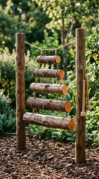 22 DIY Outside Play Area for Kids Natural Log and Stump 6 6. Natural Log Xylophone and Music Wall