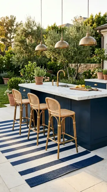 20 Modern Summer Kitchen Decor Ideas Navy Brass Island 6 6. Navy and White Striped Outdoor Rug Beneath Navy Island