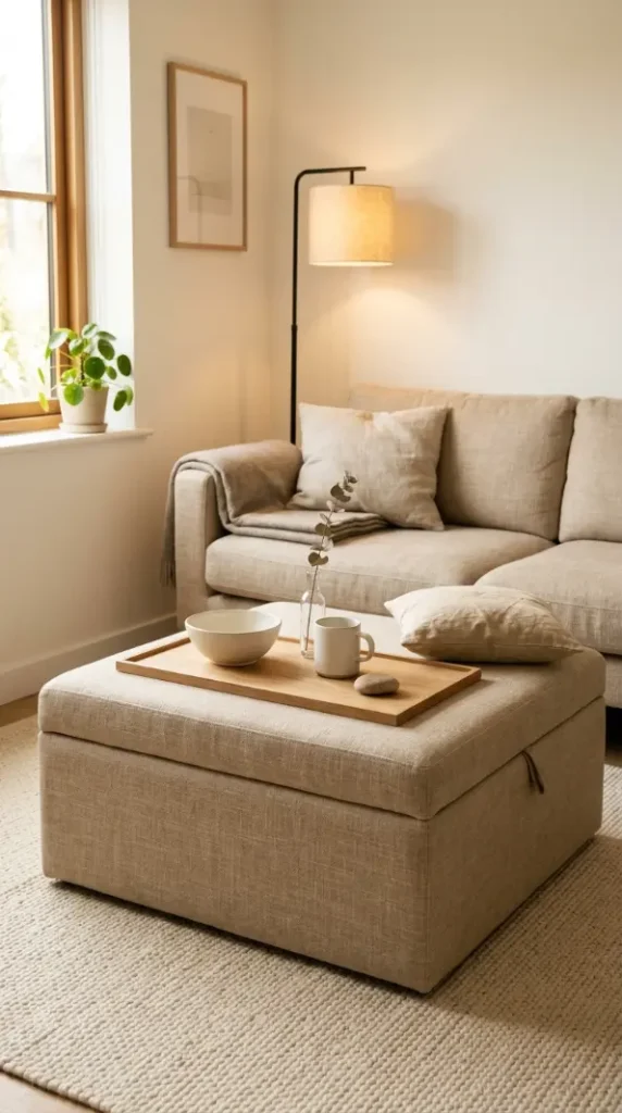 20 Minimalist Living Room Small Spaces Multifunctional 6 6. Ottoman as Coffee Table, Seating, and Storage
