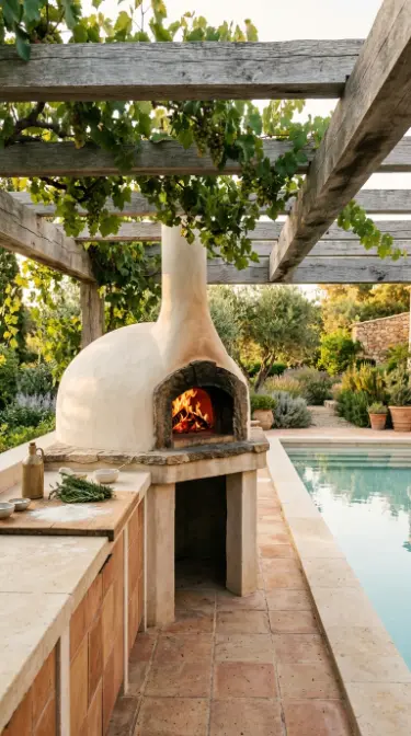 24 Outdoor Kitchen Ideas Luxury Resort Style With Pool 6 6. Outdoor Pizza Oven Kitchen With Mediterranean Aesthetic