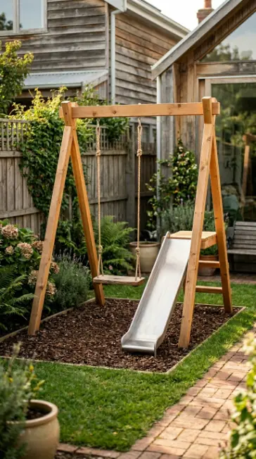 20 DIY Jungle Gym Small Space Compact Tiny Backyard 6 6. Overhead Cedar Beam Across Backyard With Multiple Hanging Elements