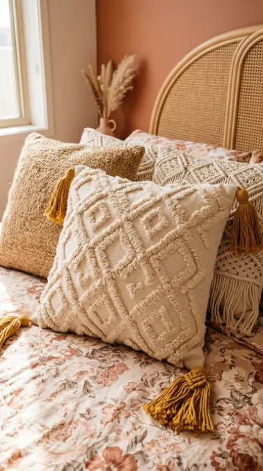 20 Bohemian Pillows Natural Fiber Pom Pom Woven Sheepskin 6 6. Pair a Tufted Cotton Tassel Corner Pillow With Woven Companions