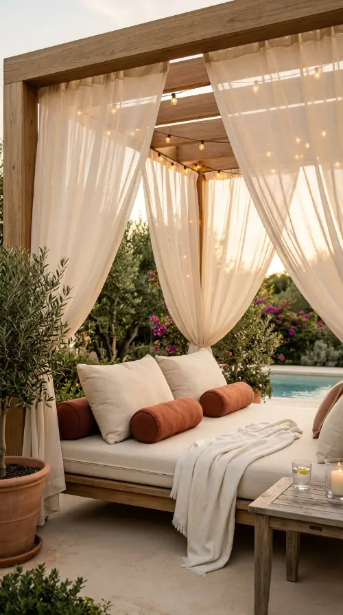 32 Outdoor Living Space Design Luxury Pergola Lounge Area 6 6. Pergola with Outdoor Daybed and Shade Sails