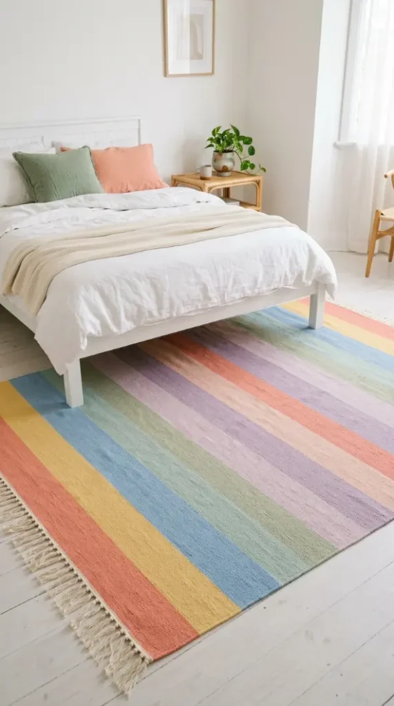 20 Cute Rugs Ideas for Bedrooms That Make You Want to Stay in Bed Forever 6 6. Rainbow Striped Cotton Rug